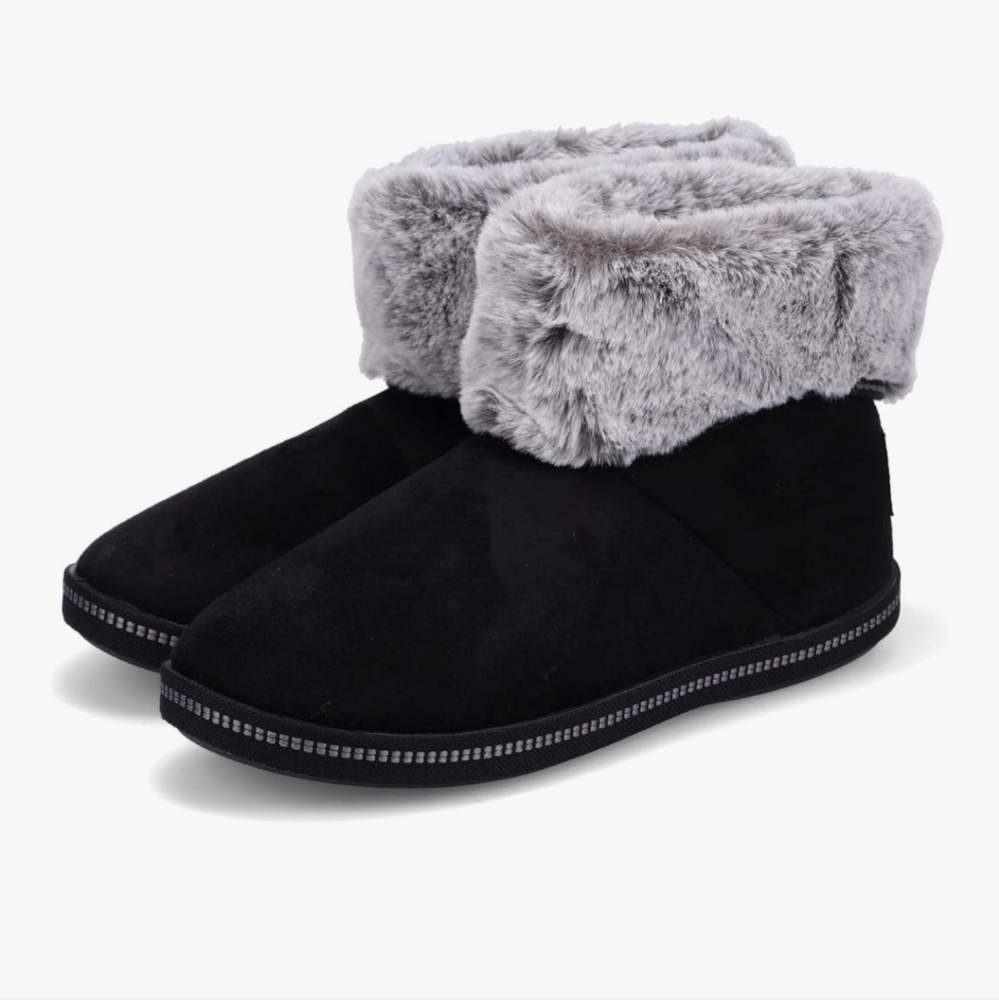 Skechers Black Slipper Boots with Gray Faux Fur Cuff
